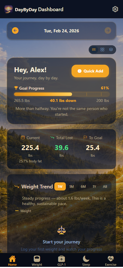 DayByDay dashboard showing goal progress, streak, and Today's Pulse cards