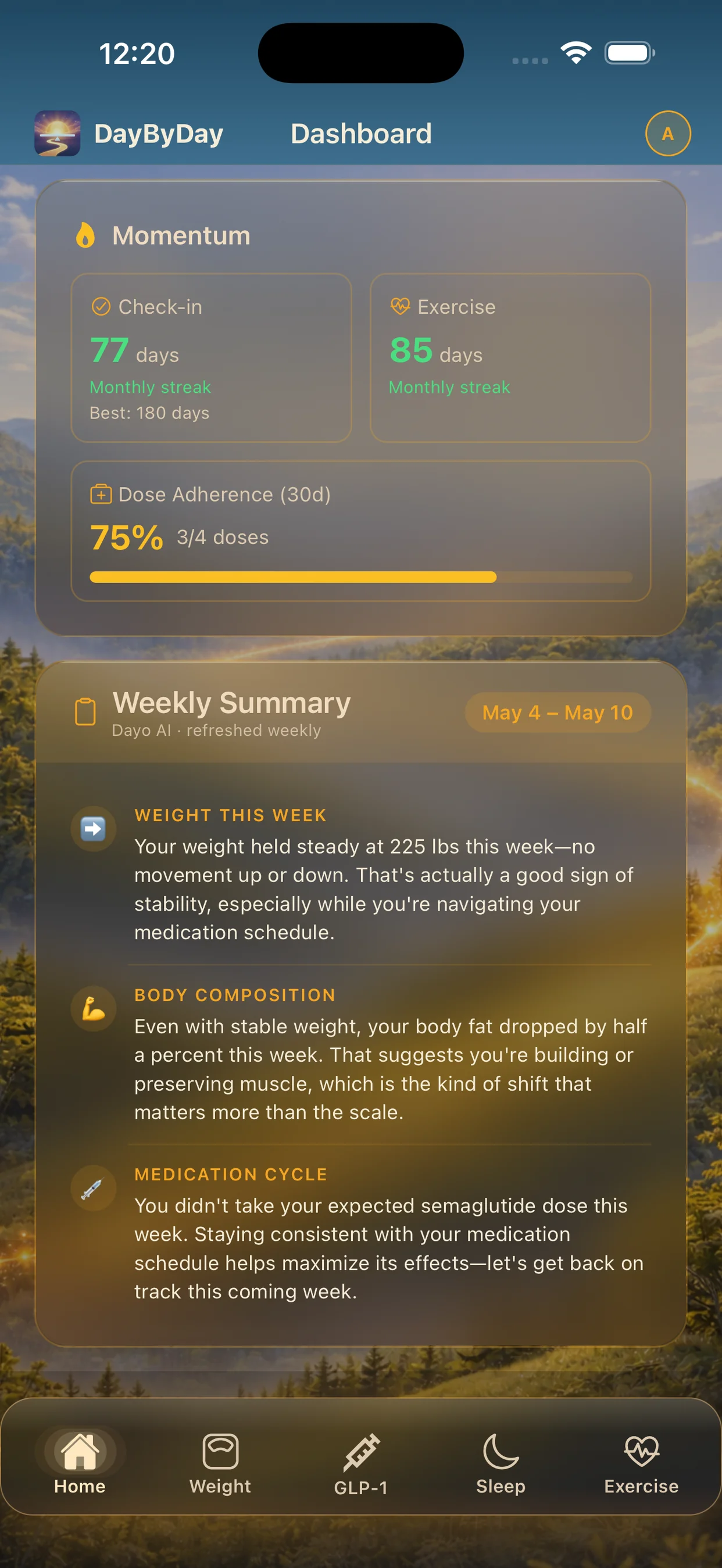 Maintenance dashboard — 77-day check-in streak, weekly summary showing stable weight at 225 lbs