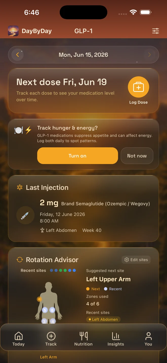 GLP-1 dashboard with live medication level and next-dose countdown