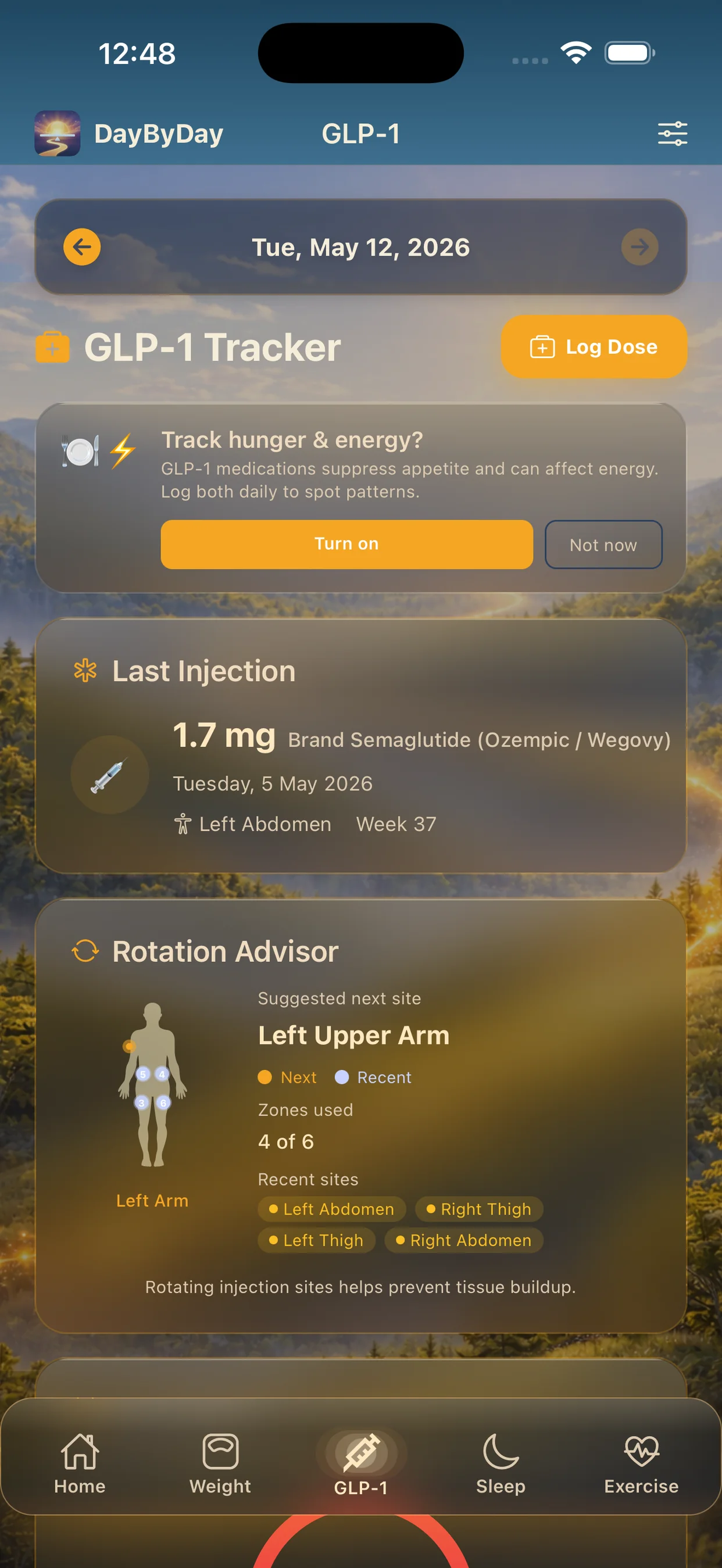 GLP‑1 dashboard with live medication level