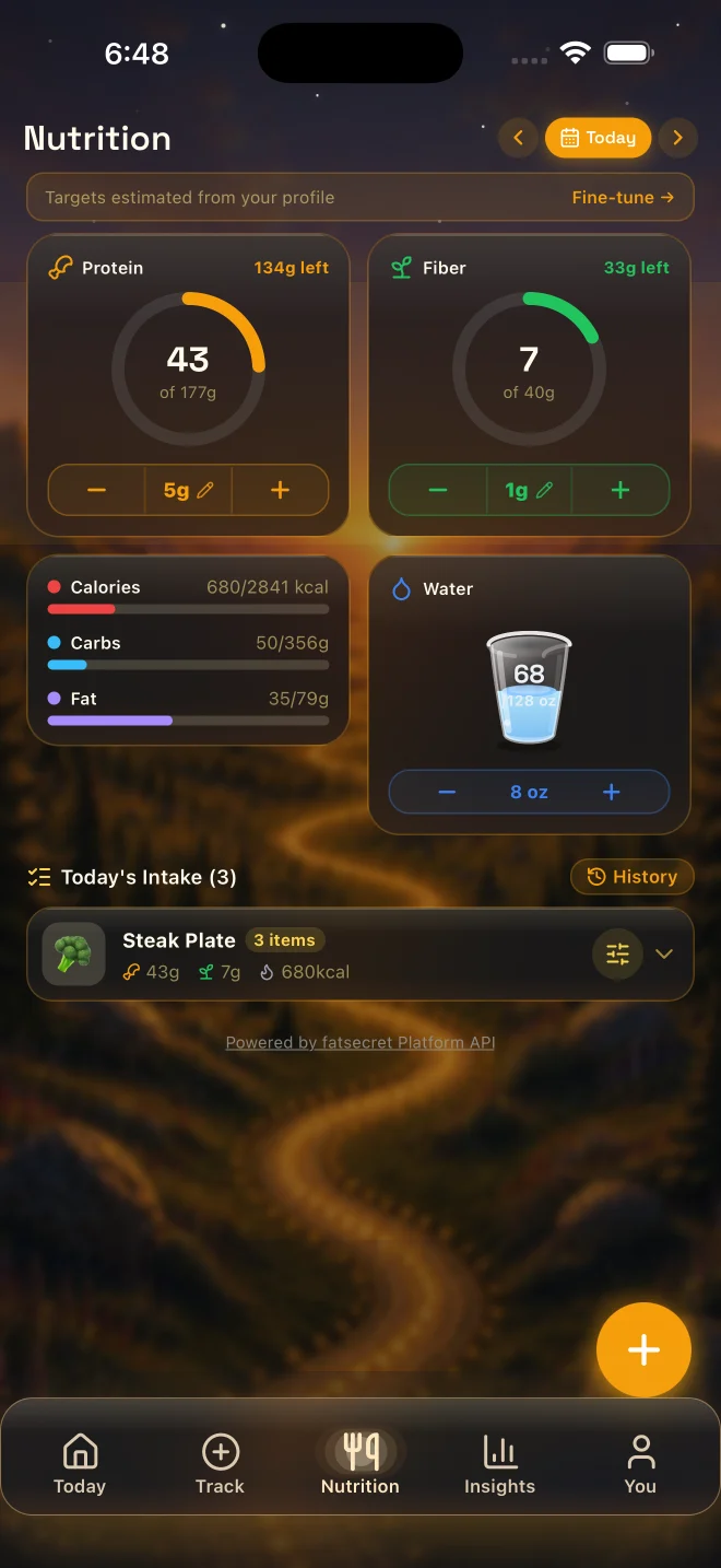 Nutrition tab — Protein and Fiber rings, calories, carbs and fat, water, and today's logged meals