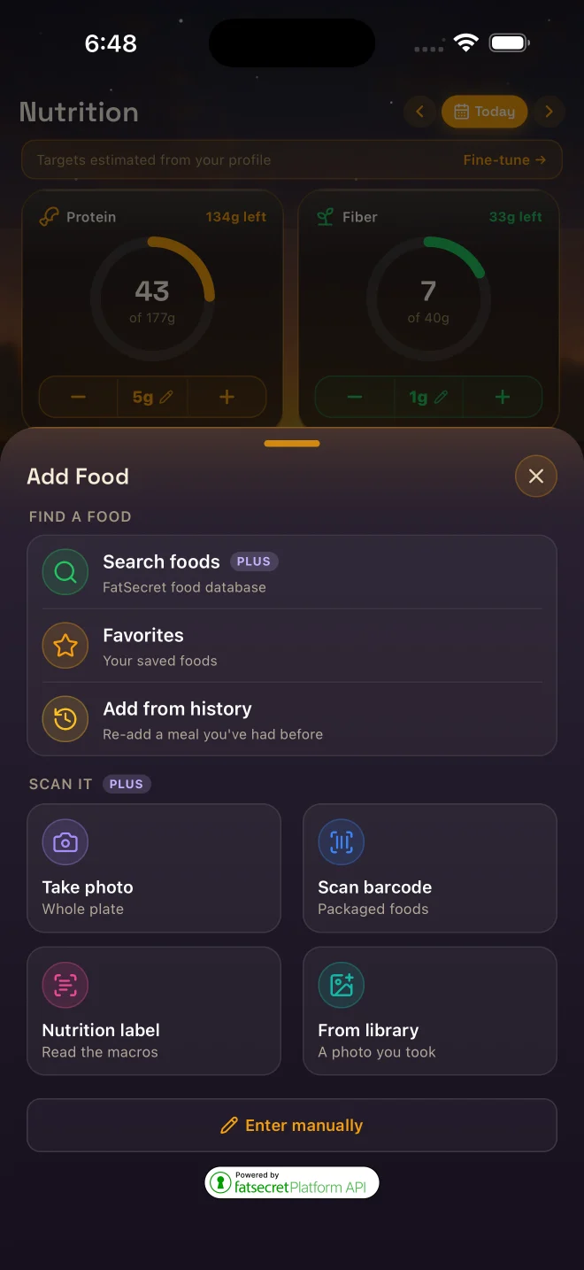 Add Food sheet — search, favorites, take photo, scan barcode, nutrition label