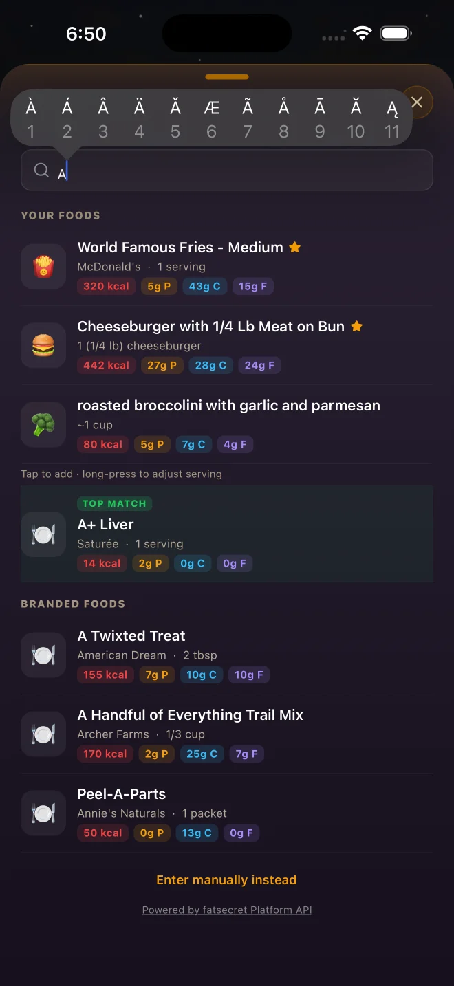 Food search results with per-serving macros and a top match