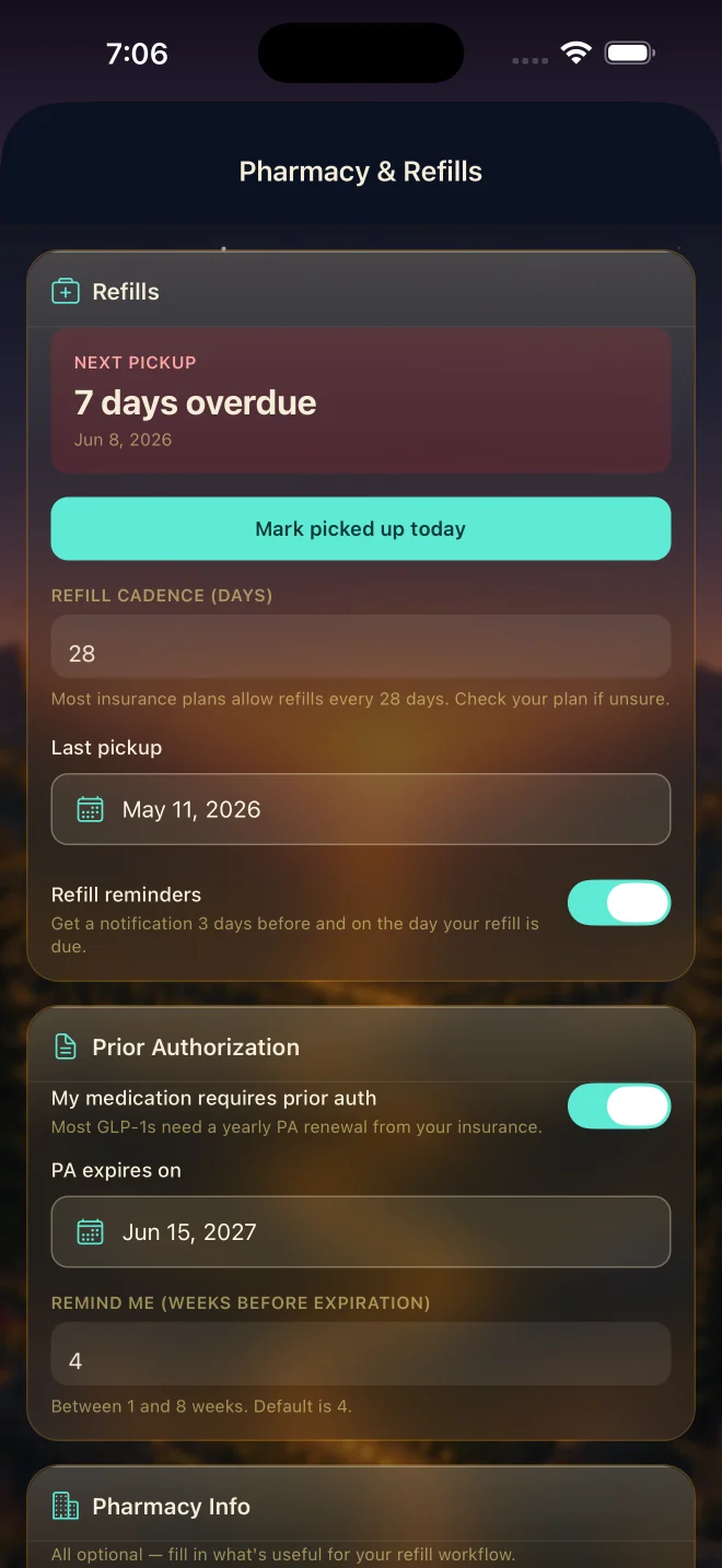 Pharmacy & refills — next pickup, prior authorization, and reminders