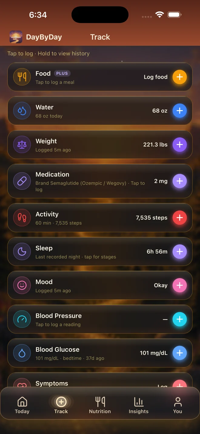 Track tab — food, water, weight, medication, activity, sleep, mood, blood pressure, glucose