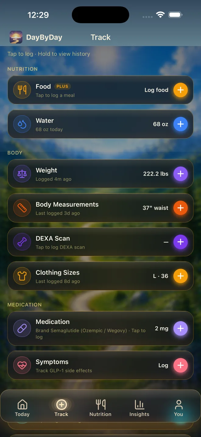 Track hub — log food, water, weight, measurements, DEXA, clothing, medication and symptoms