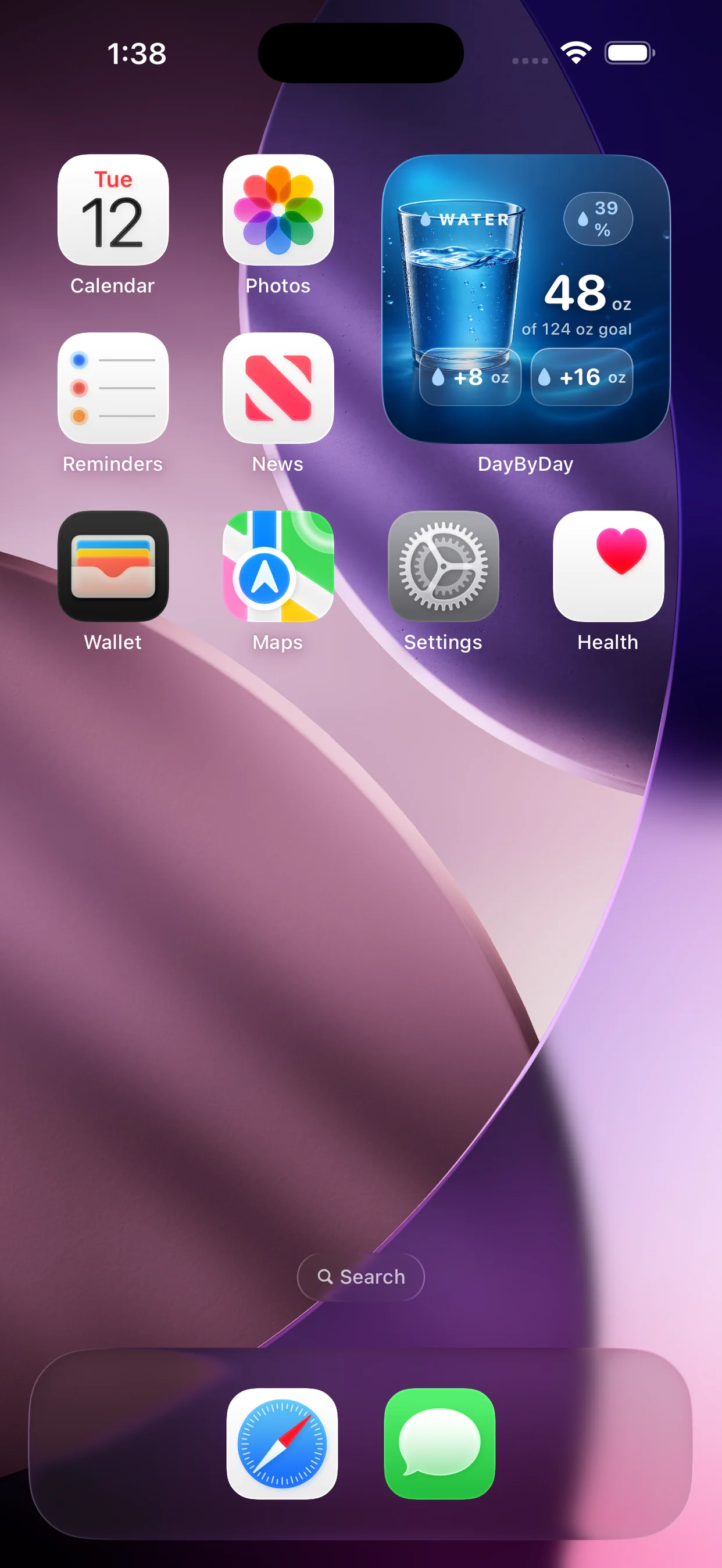 Water widget with one-tap quick-add